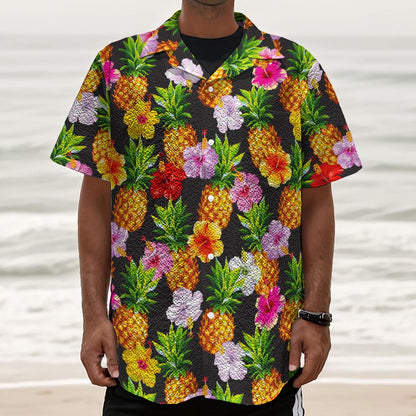 Aloha Hibiscus Pineapple Pattern Print Textured Short Sleeve Shirt