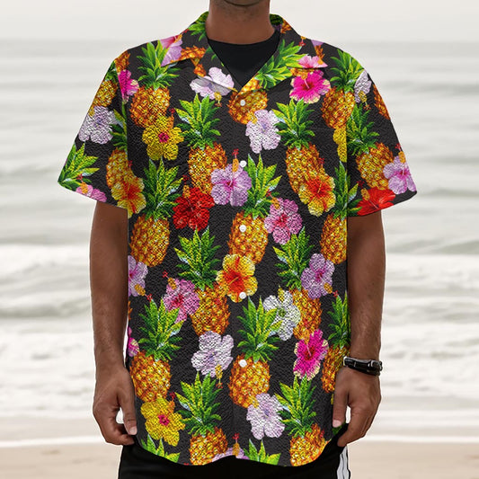 Aloha Hibiscus Pineapple Pattern Print Textured Short Sleeve Shirt