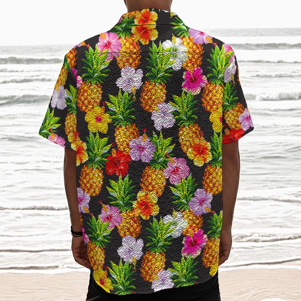 Aloha Hibiscus Pineapple Pattern Print Textured Short Sleeve Shirt
