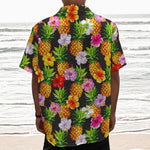 Aloha Hibiscus Pineapple Pattern Print Textured Short Sleeve Shirt