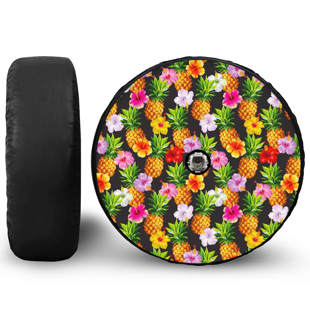 Aloha Hibiscus Pineapple Pattern Print Tire Cover With Camera Hole