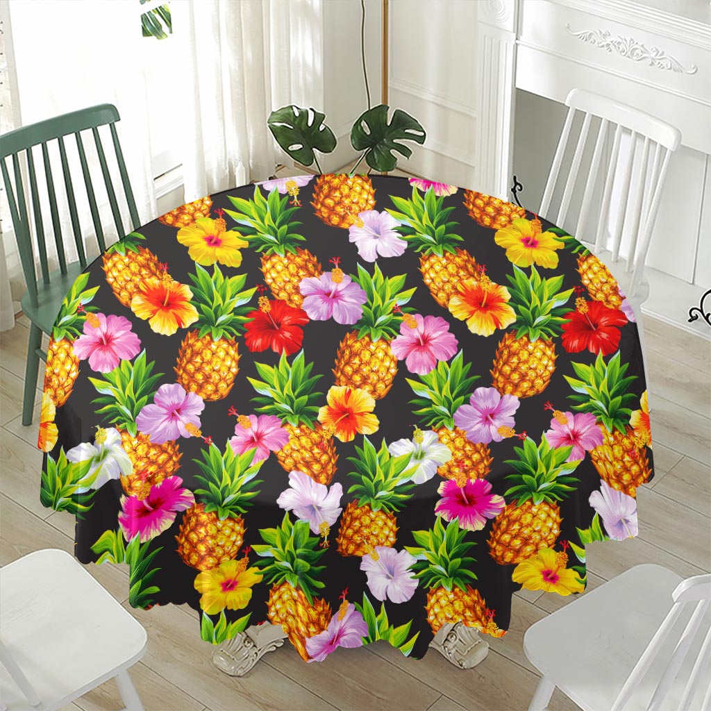 Aloha Hibiscus Pineapple Pattern Print Waterproof Round Tablecloth