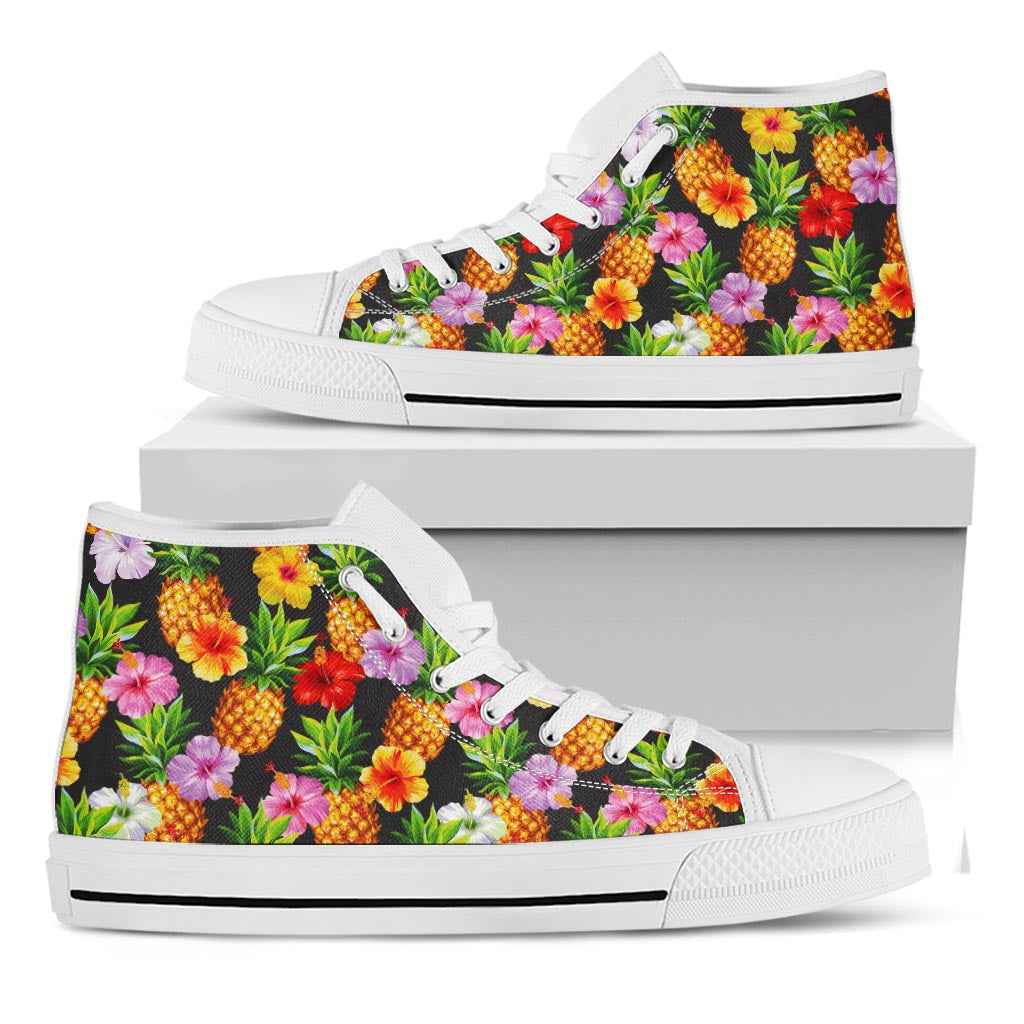 Aloha Hibiscus Pineapple Pattern Print White High Top Sneakers