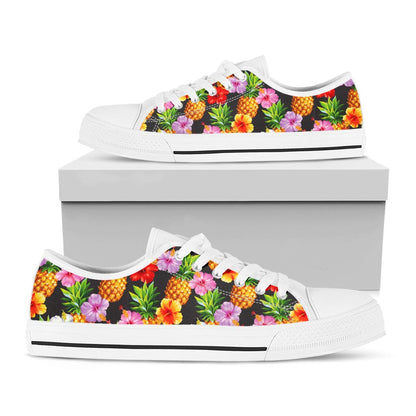 Aloha Hibiscus Pineapple Pattern Print White Low Top Sneakers