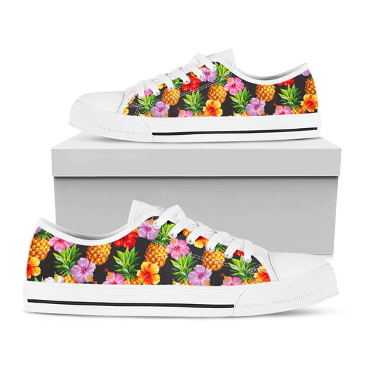 Aloha Hibiscus Pineapple Pattern Print White Low Top Sneakers