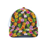 Aloha Hibiscus Pineapple Pattern Print White Mesh Trucker Cap