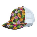 Aloha Hibiscus Pineapple Pattern Print White Mesh Trucker Cap