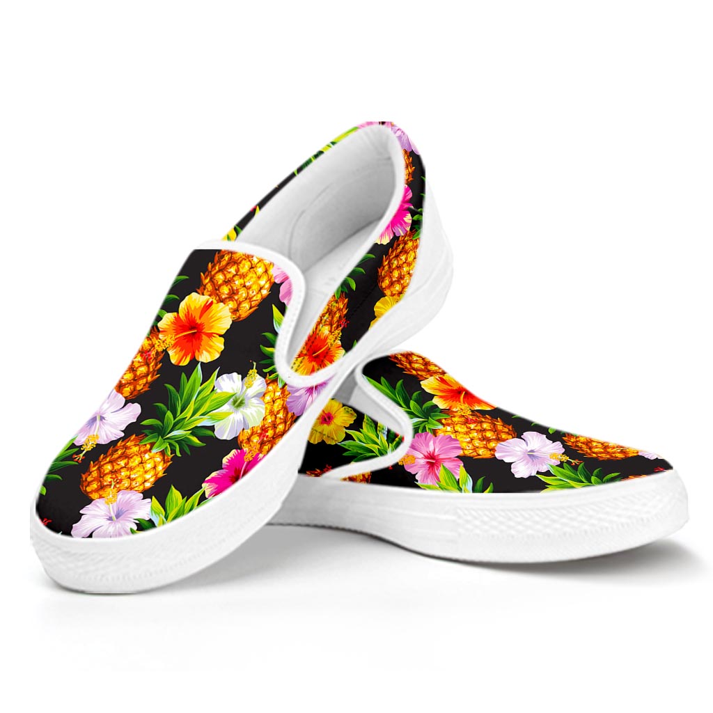 Aloha Hibiscus Pineapple Pattern Print White Slip On Sneakers