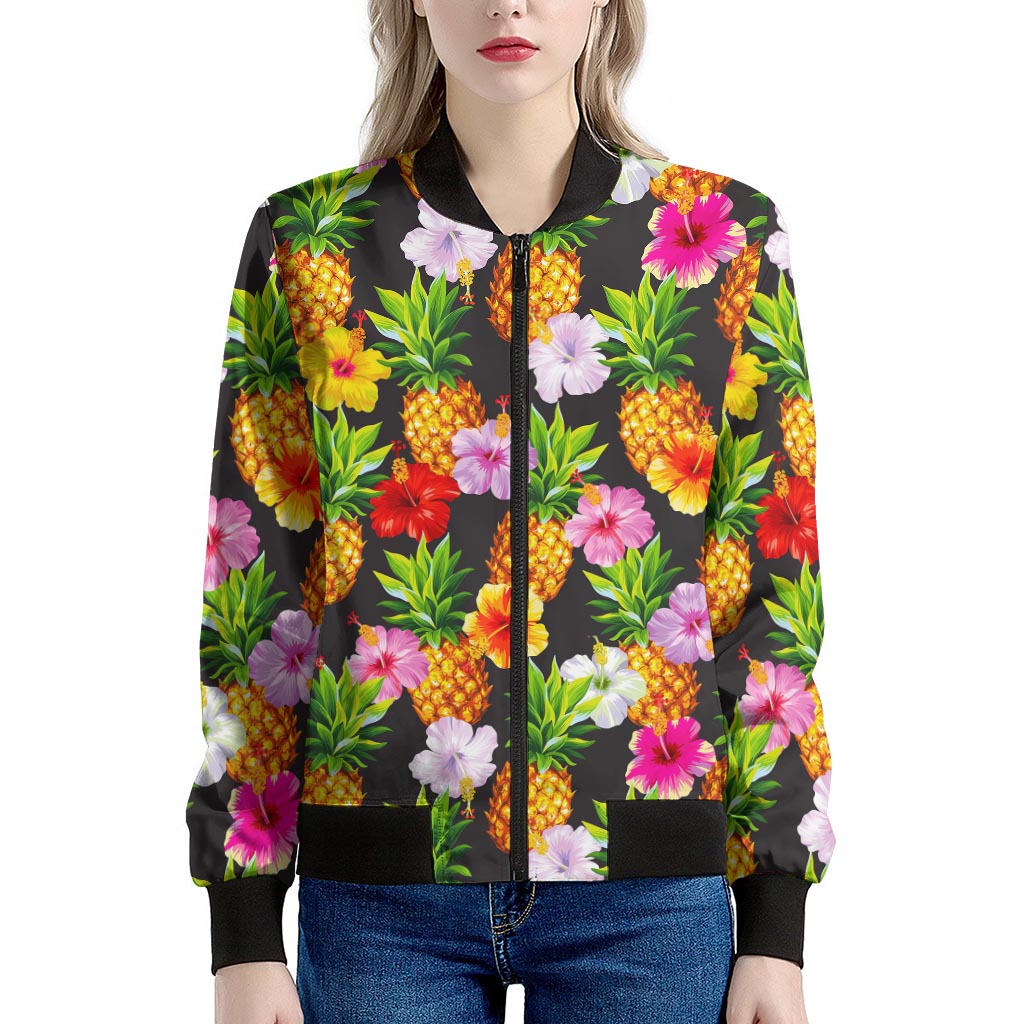 Aloha Hibiscus Pineapple Pattern Print Women's Bomber Jacket