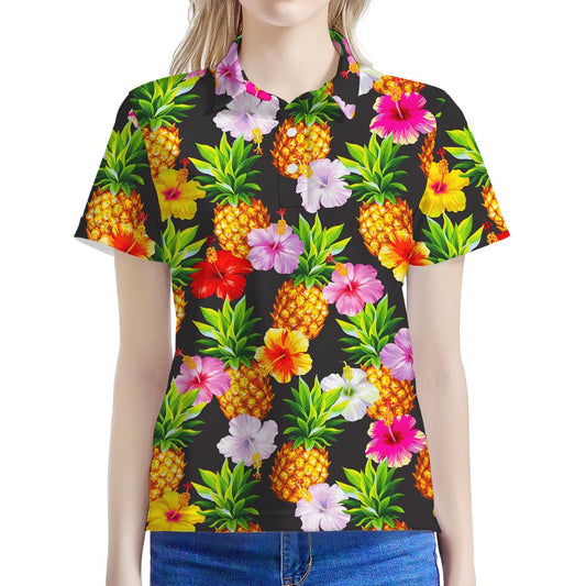 Aloha Hibiscus Pineapple Pattern Print Women's Polo Shirt