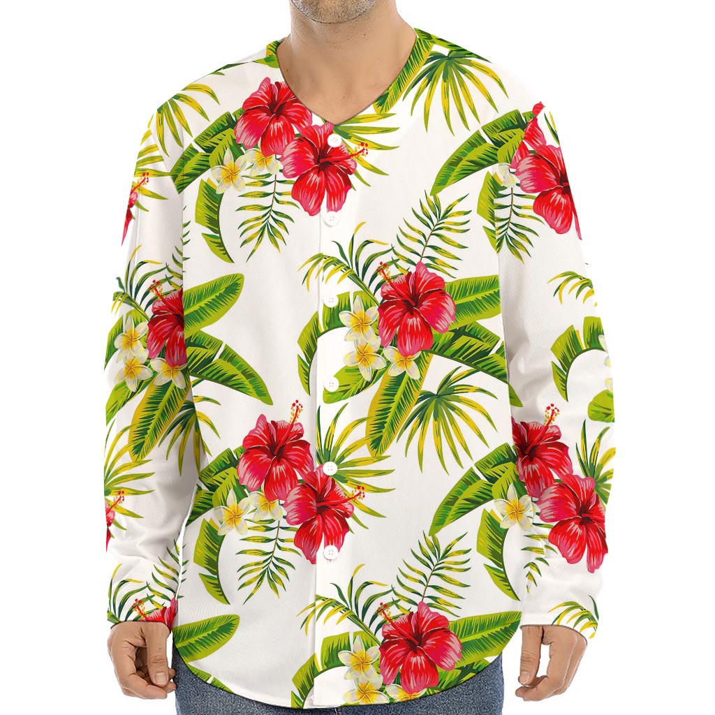 Aloha Hibiscus Tropical Pattern Print Long Sleeve Baseball Jersey