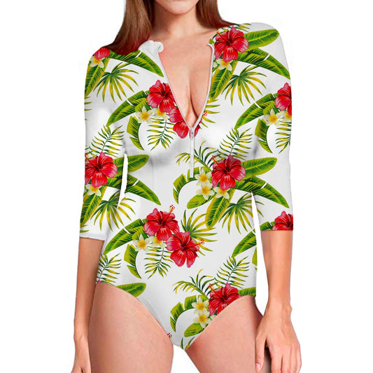 Aloha Hibiscus Tropical Pattern Print Long Sleeve Swimsuit