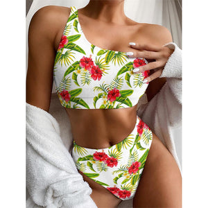 Aloha Hibiscus Tropical Pattern Print One Shoulder Bikini Top