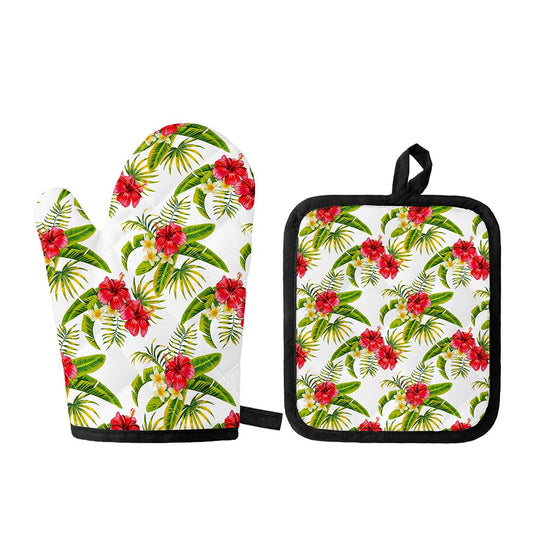 Aloha Hibiscus Tropical Pattern Print Oven Mitt And Pot Holder Set