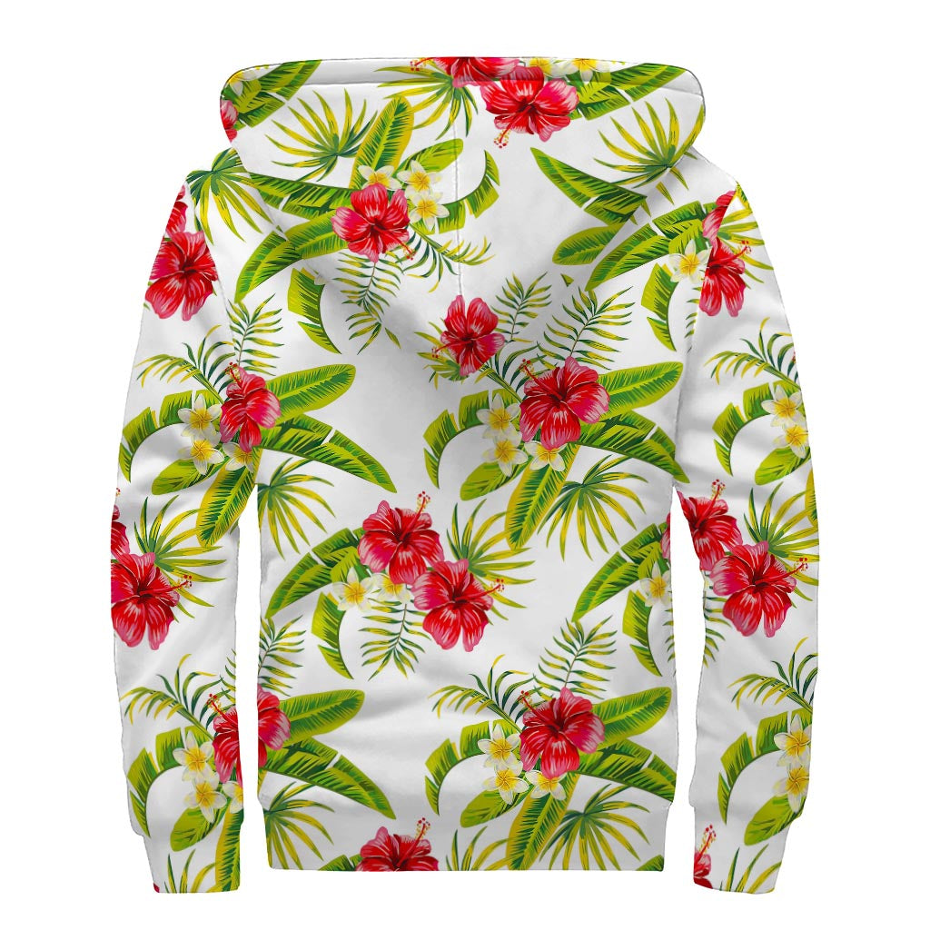 Aloha Hibiscus Tropical Pattern Print Sherpa Lined Zip Up Hoodie