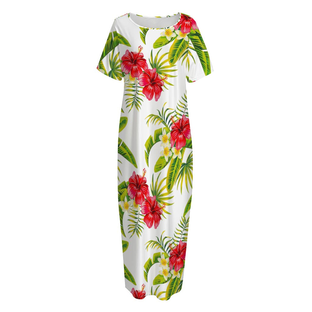 Aloha Hibiscus Tropical Pattern Print Short Sleeve Long Nightdress