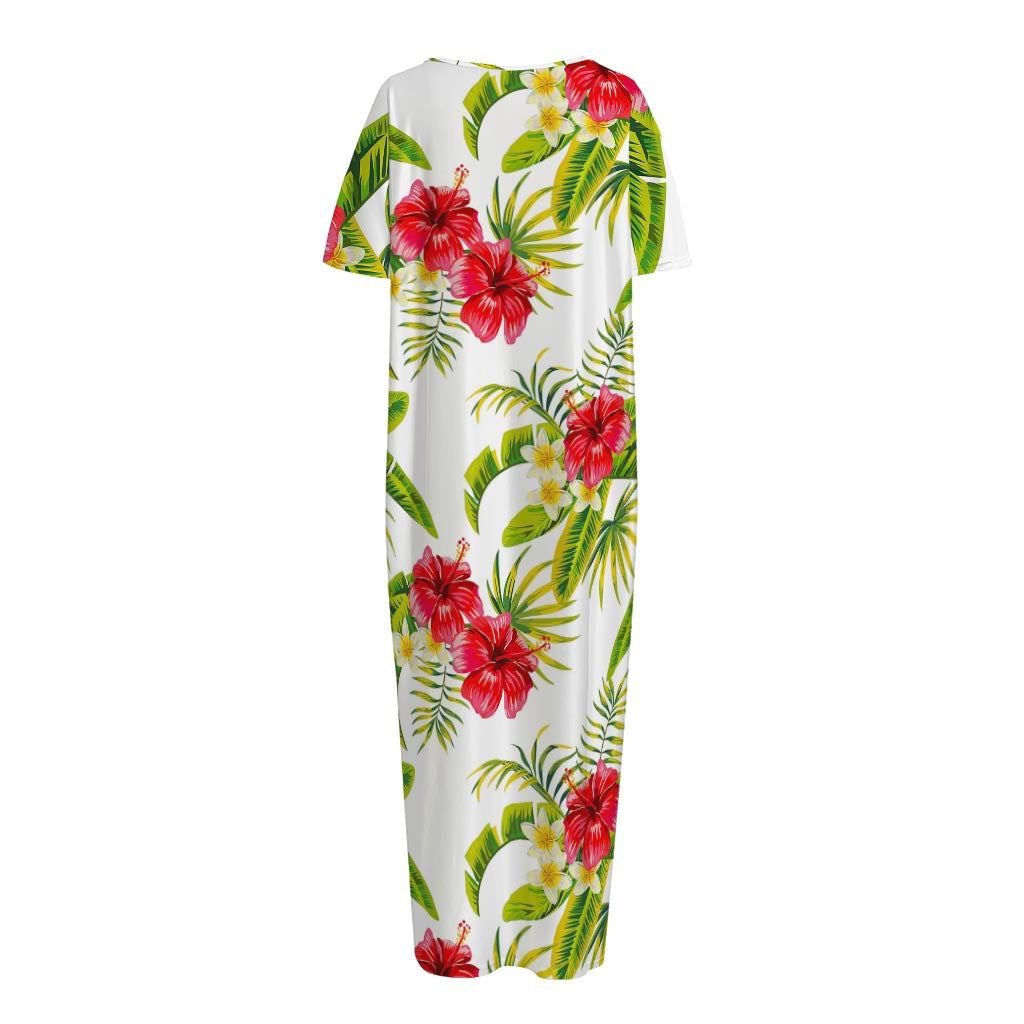 Aloha Hibiscus Tropical Pattern Print Short Sleeve Long Nightdress