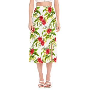 Aloha Hibiscus Tropical Pattern Print Side Slit Midi Skirt