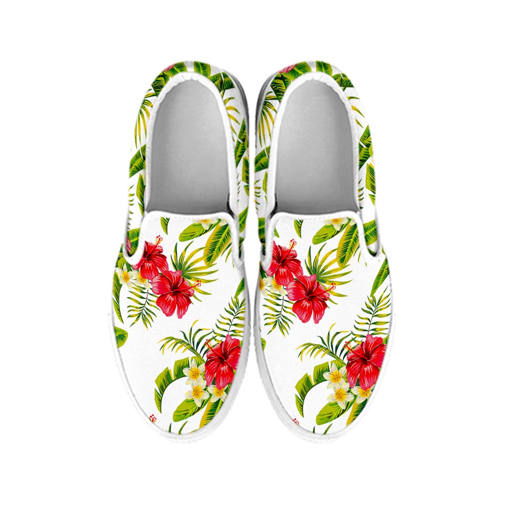 Aloha Hibiscus Tropical Pattern Print White Slip On Sneakers