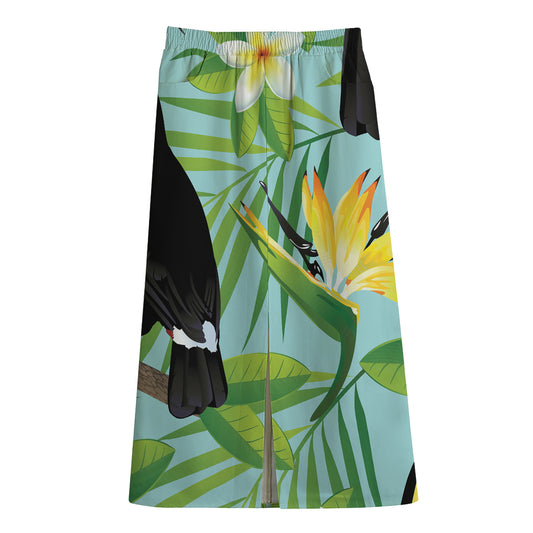 Aloha Keel-Billed Toucan Print Cotton Front Slit Maxi Skirt