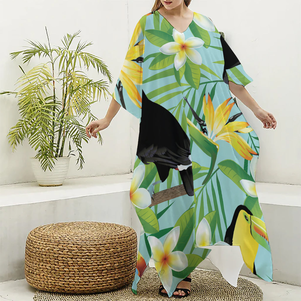 Aloha Keel-Billed Toucan Print Silk V-Neck Kaftan Dress