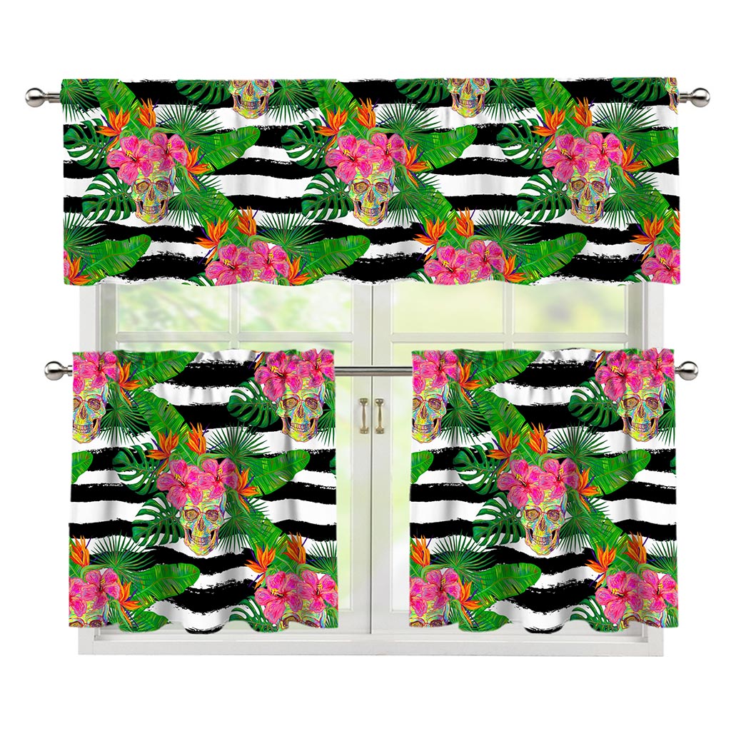 Aloha Skull Striped Pattern Print 3 Piece Kitchen Curtains