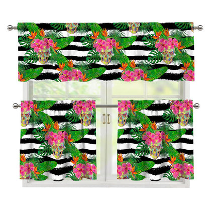 Aloha Skull Striped Pattern Print 3 Piece Kitchen Curtains