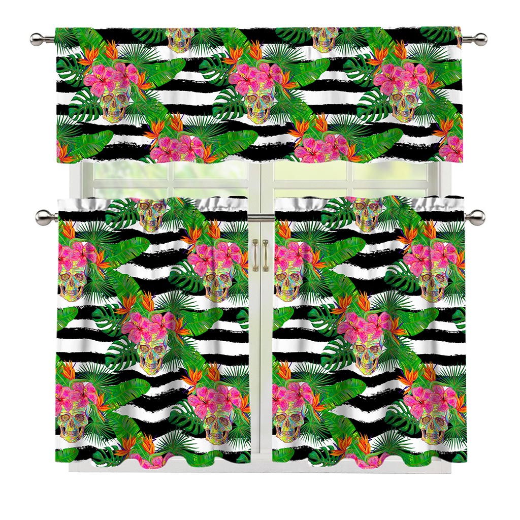 Aloha Skull Striped Pattern Print 3 Piece Kitchen Curtains