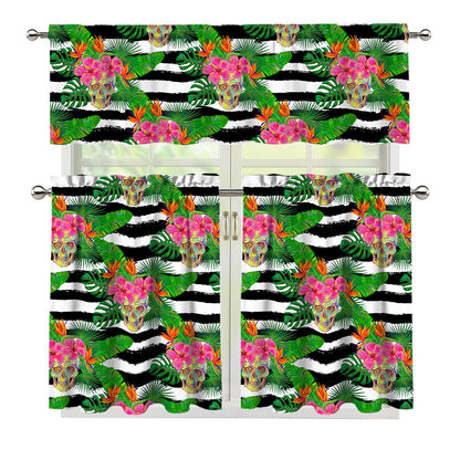 Aloha Skull Striped Pattern Print 3 Piece Kitchen Curtains