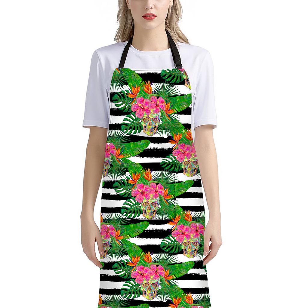 Aloha Skull Striped Pattern Print Bib Apron With Pocket
