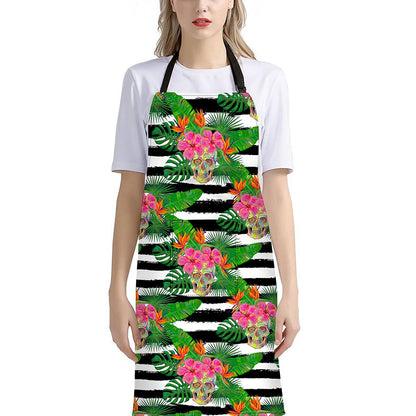 Aloha Skull Striped Pattern Print Bib Apron With Pocket
