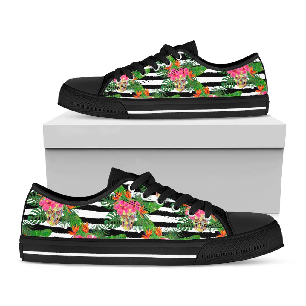 Aloha Skull Striped Pattern Print Black Low Top Sneakers