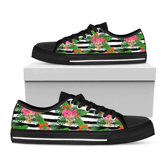 Aloha Skull Striped Pattern Print Black Low Top Sneakers