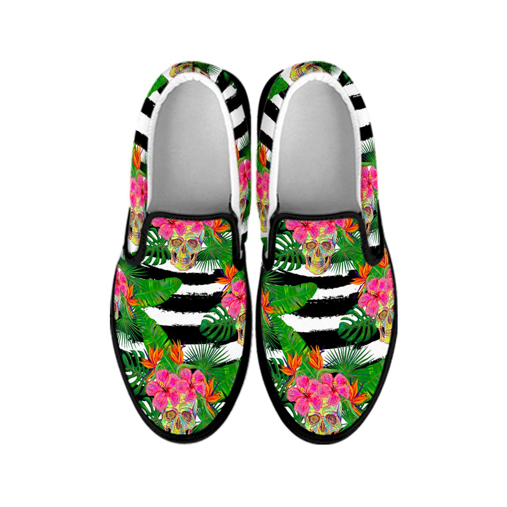 Aloha Skull Striped Pattern Print Black Slip On Sneakers