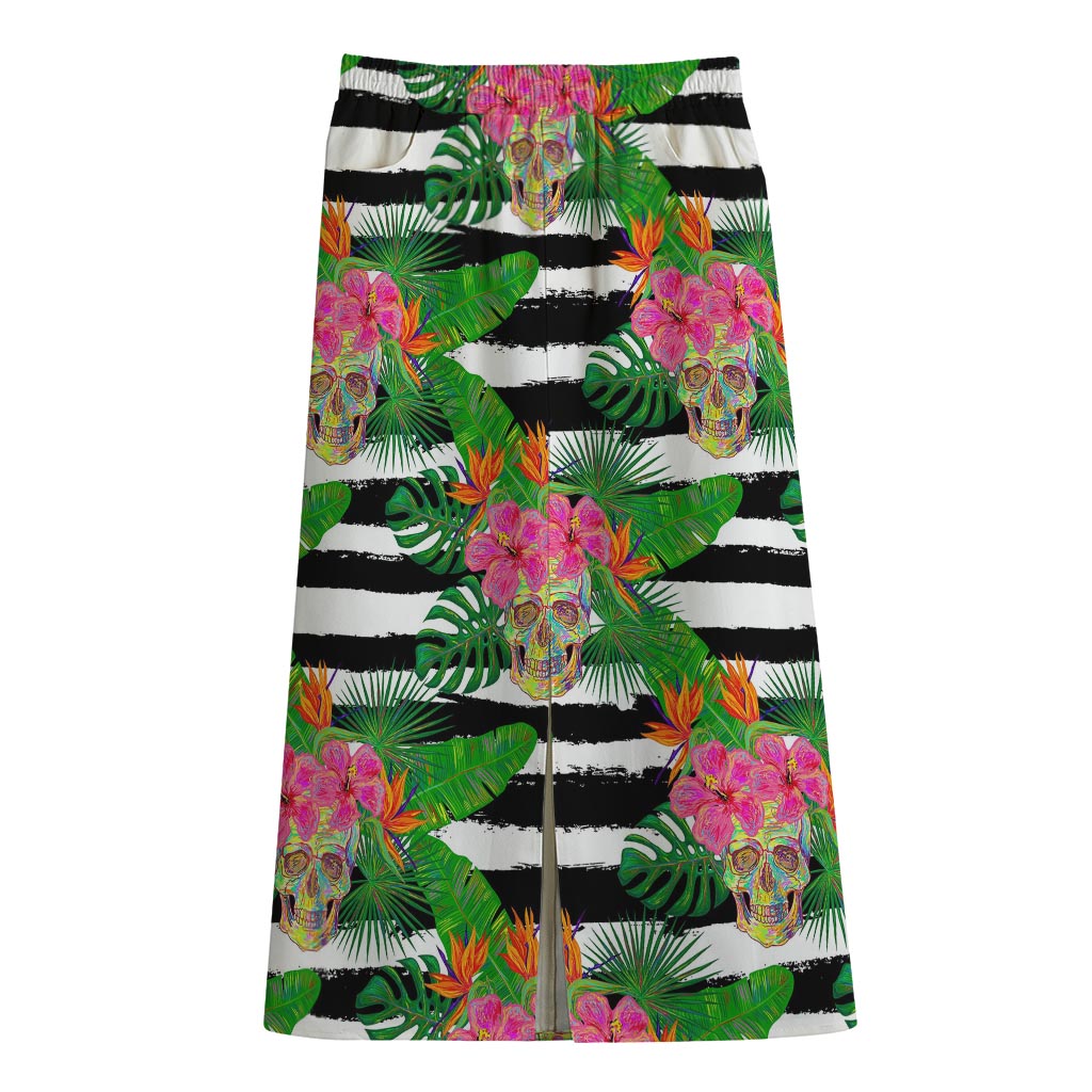 Aloha Skull Striped Pattern Print Cotton Front Slit Maxi Skirt