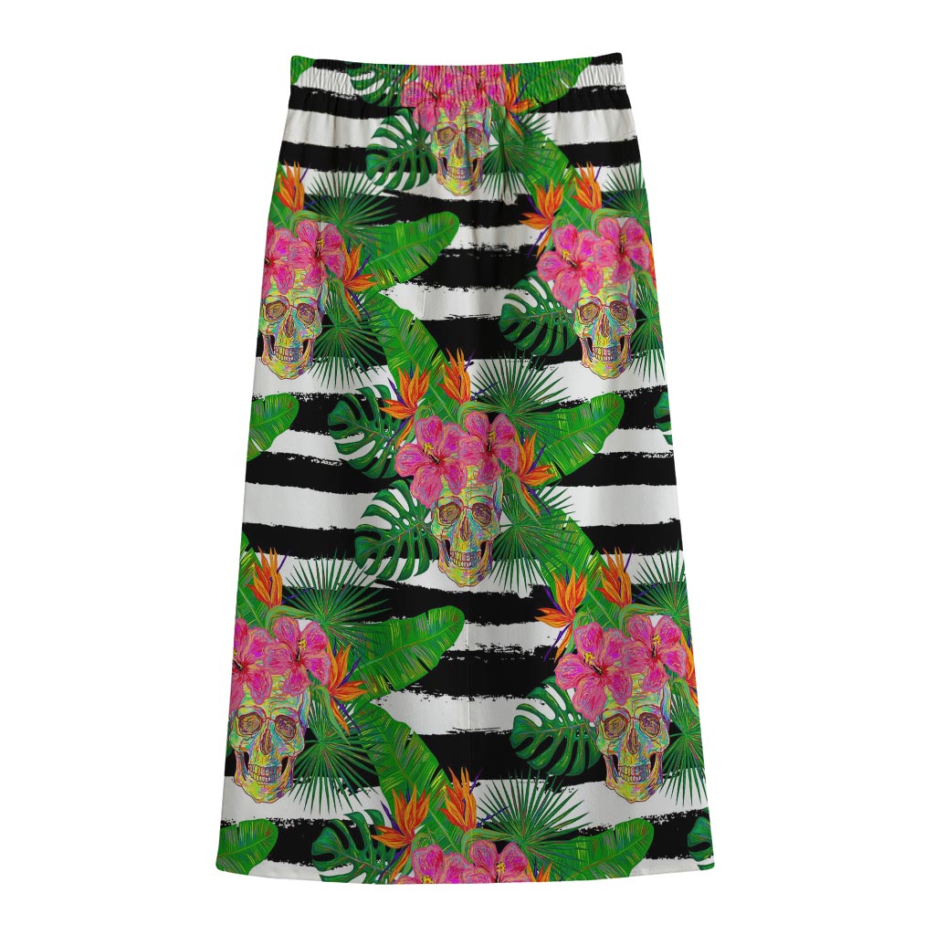 Aloha Skull Striped Pattern Print Cotton Front Slit Maxi Skirt