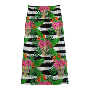 Aloha Skull Striped Pattern Print Cotton Front Slit Maxi Skirt