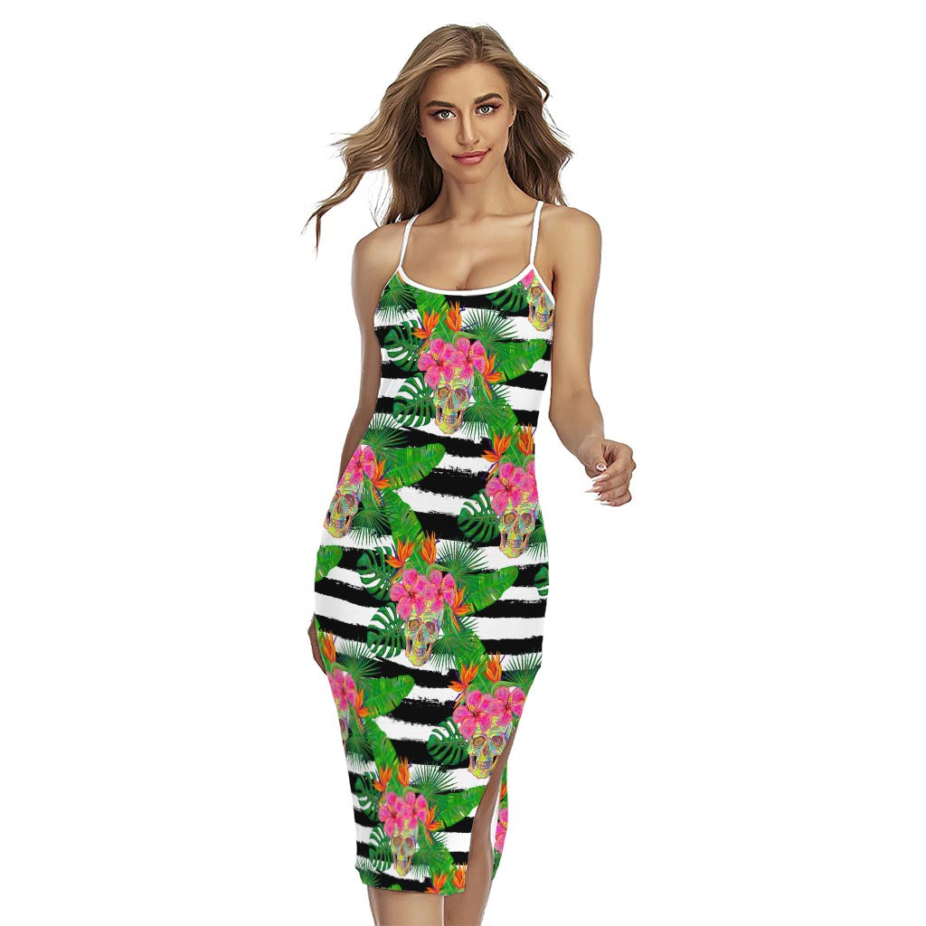 Aloha Skull Striped Pattern Print Cross Back Cami Dress