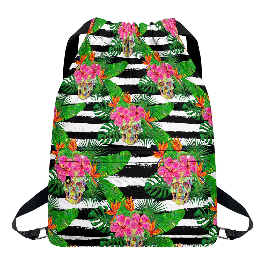 Aloha Skull Striped Pattern Print Drawstring Backpack