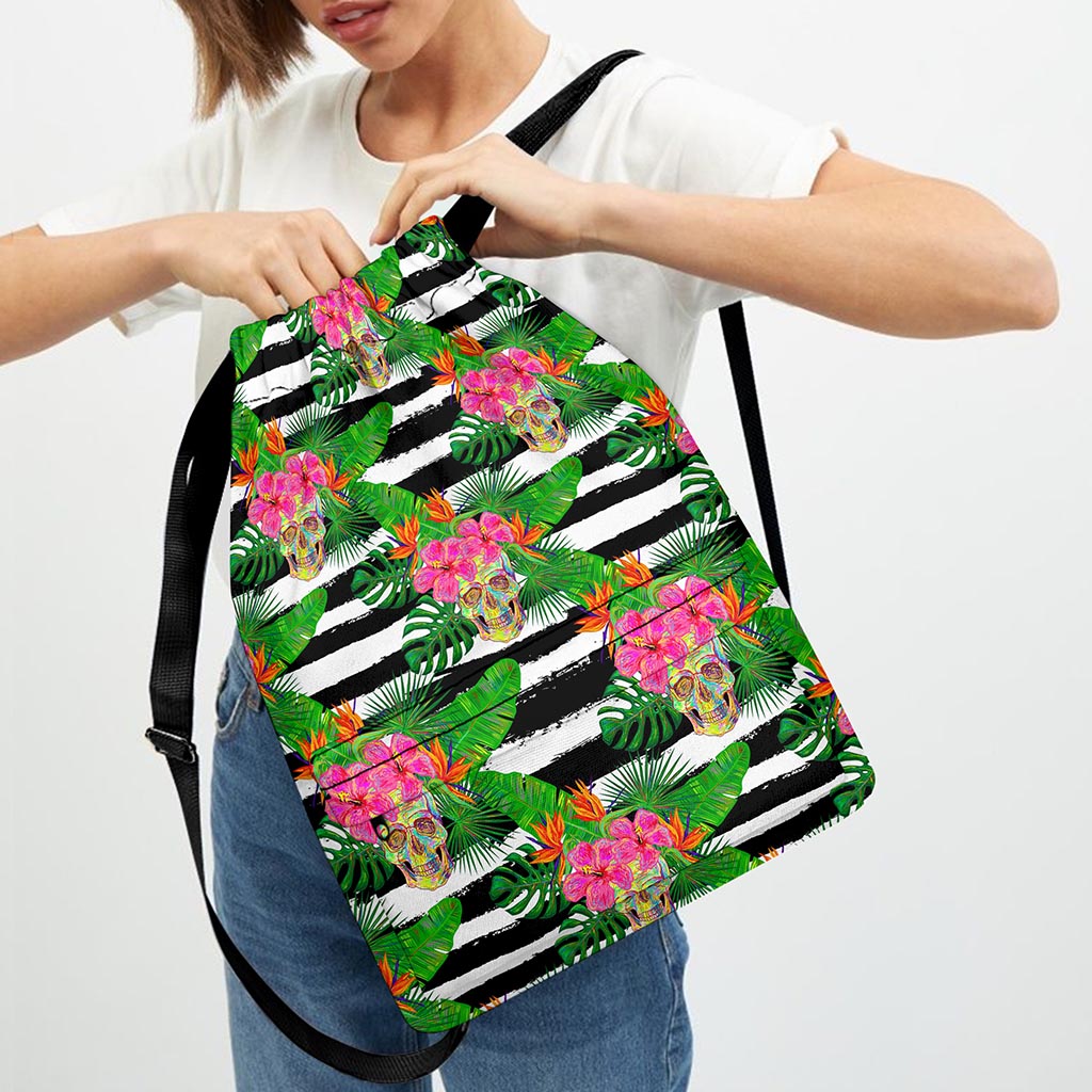 Aloha Skull Striped Pattern Print Drawstring Backpack