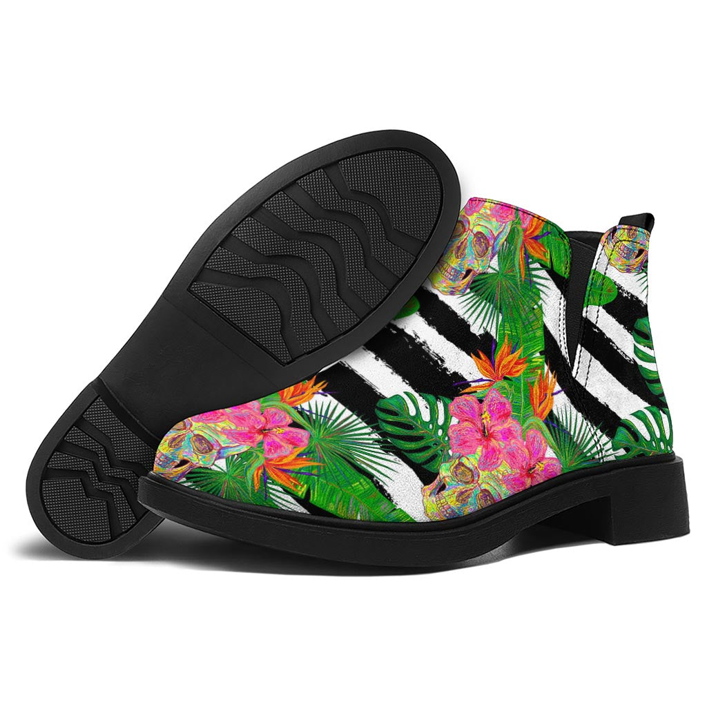 Aloha Skull Striped Pattern Print Flat Ankle Boots