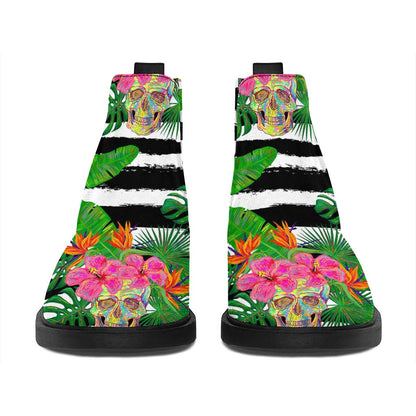 Aloha Skull Striped Pattern Print Flat Ankle Boots