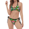 Aloha Skull Striped Pattern Print Halter Scoop Tie Side Bikini