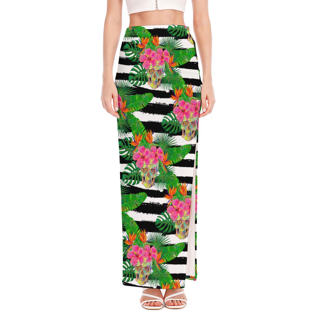 Aloha Skull Striped Pattern Print High Slit Maxi Skirt