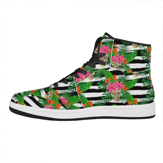 Aloha Skull Striped Pattern Print High Top Leather Sneakers