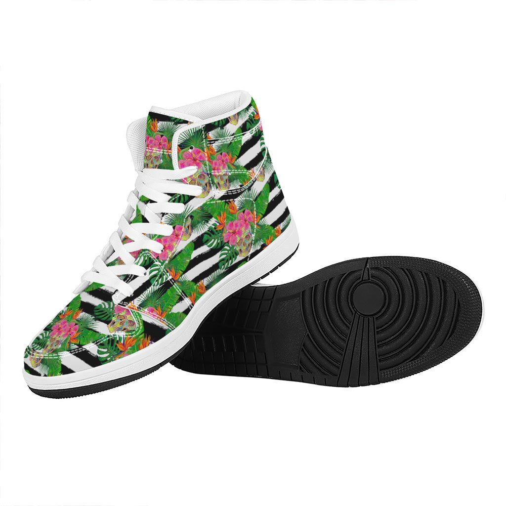 Aloha Skull Striped Pattern Print High Top Leather Sneakers
