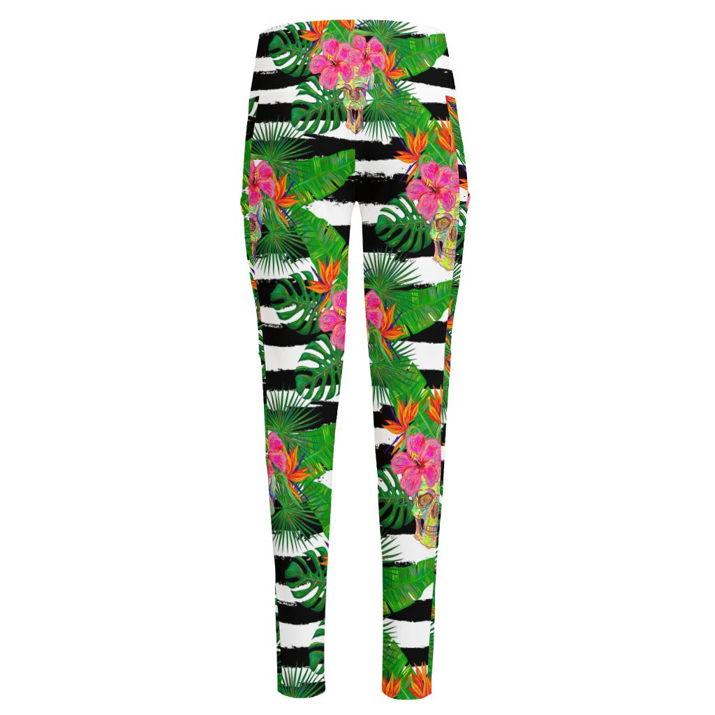 Aloha Skull Striped Pattern Print High-Waisted Pocket Leggings