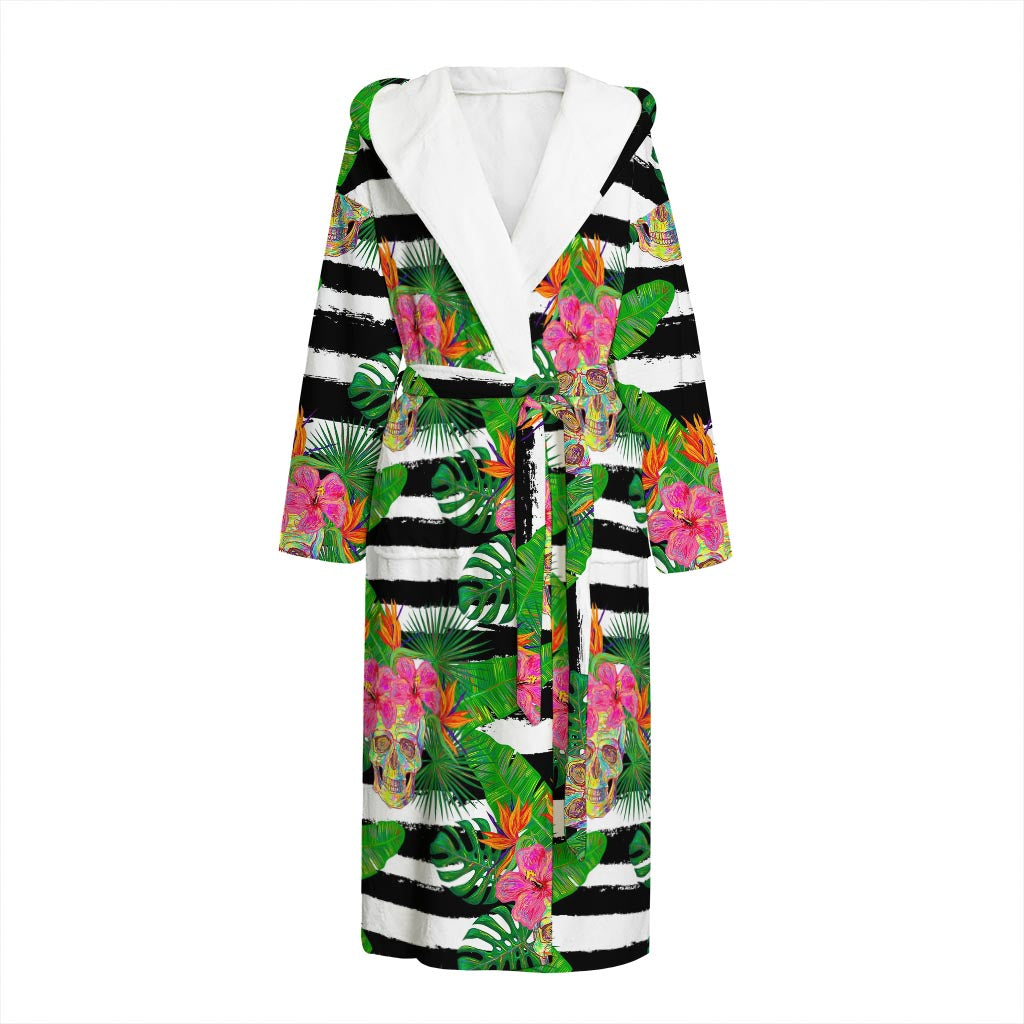 Aloha Skull Striped Pattern Print Hooded Bathrobe