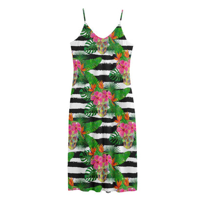 Aloha Skull Striped Pattern Print Jersey Midi Cami Dress