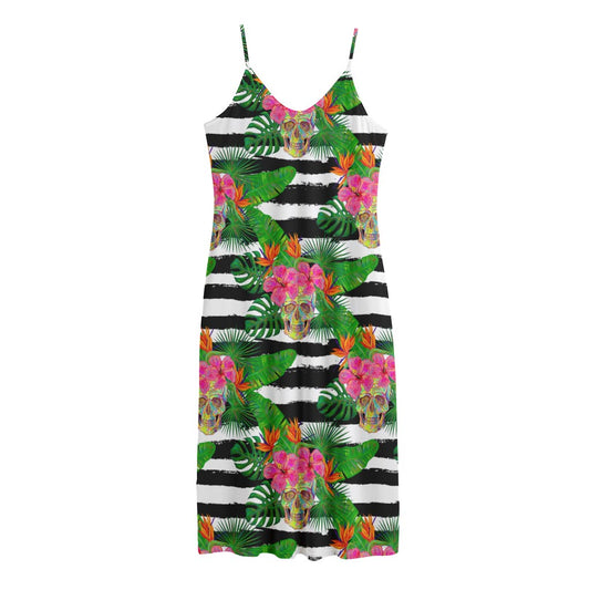 Aloha Skull Striped Pattern Print Jersey Midi Cami Dress